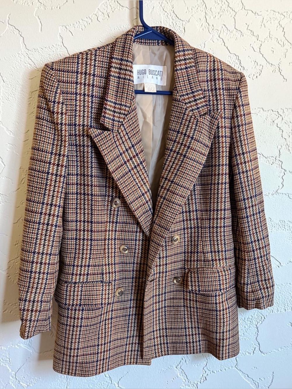 Vintage Hugo Buscati Wool Blend Plaid Academia Padded Shoulder Blazer Size 4